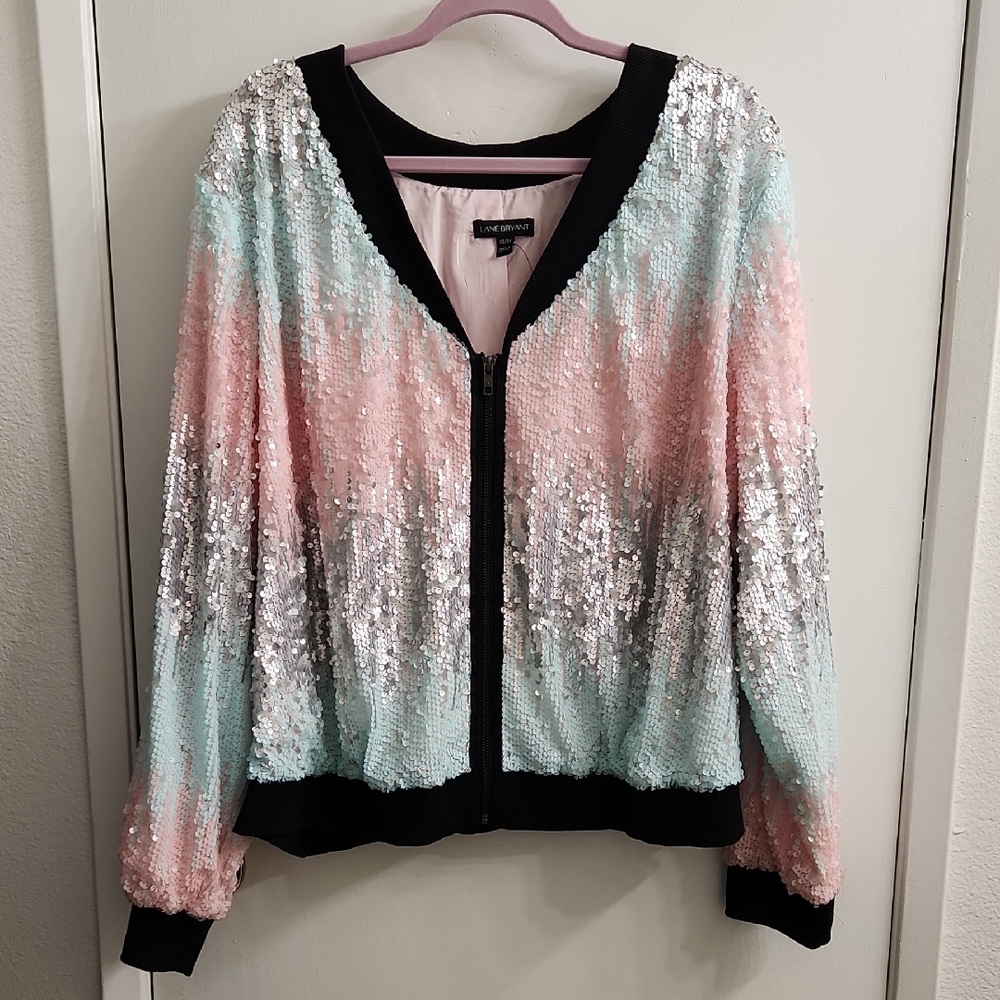 Express Sequin Bomber Jacket in Pink and Silver
